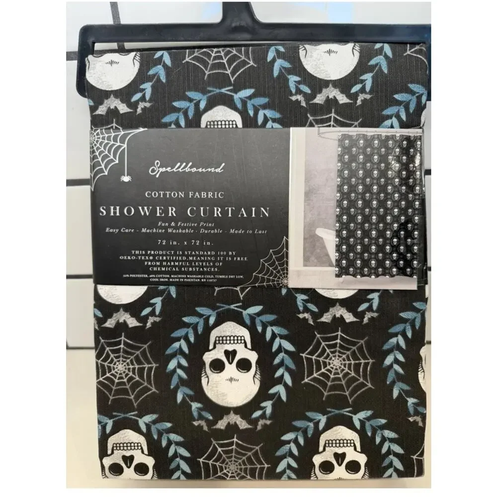 Spellbound Printed Cotton shower Curtain Halloween 72x72 Skull Spider Web NEW!